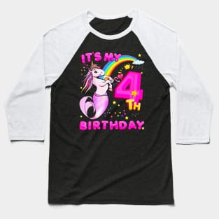 Kids 4Th Birthday Unicorn Mermicorn Mermaid For Girls Baseball T-Shirt